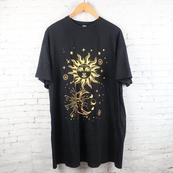 SOLY HUX BLACK WITH SUN & MOON IN GOLD DESIGN SHORT SLEEVE SLEEP DRESS NWT - Picture 1 of 7